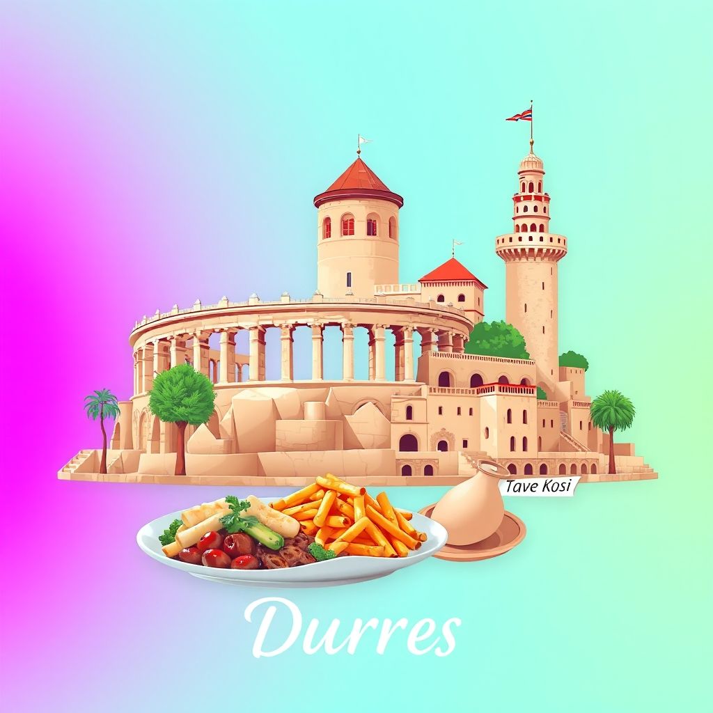Ultra-high-definition gradient illustration of Durres, Albania, featuring the Durres Amphitheatre, Venetian Tower, and Tave Kosi.