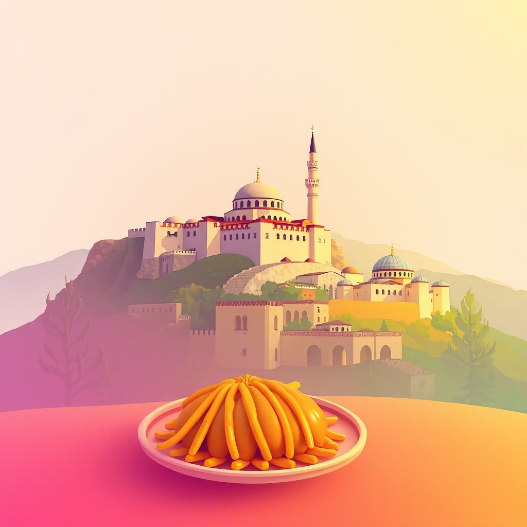 Ultra-high-definition gradient illustration of Komuna e Dajçit, Bashkia Shkoder, Shkoder County, Albania, featuring Rozafa Castle, the Lead Mosque, and Tavë Kosi.