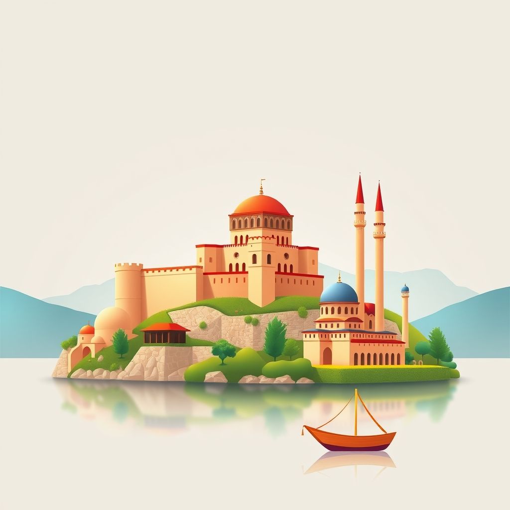 Ultra-high-definition gradient illustration of Komuna e Bushatit, Bashkia Vau i Dejes, Shkoder County, Albania, featuring Rozafa Castle, Shkodra Lake, the Lead Mosque, and tavë kosi.