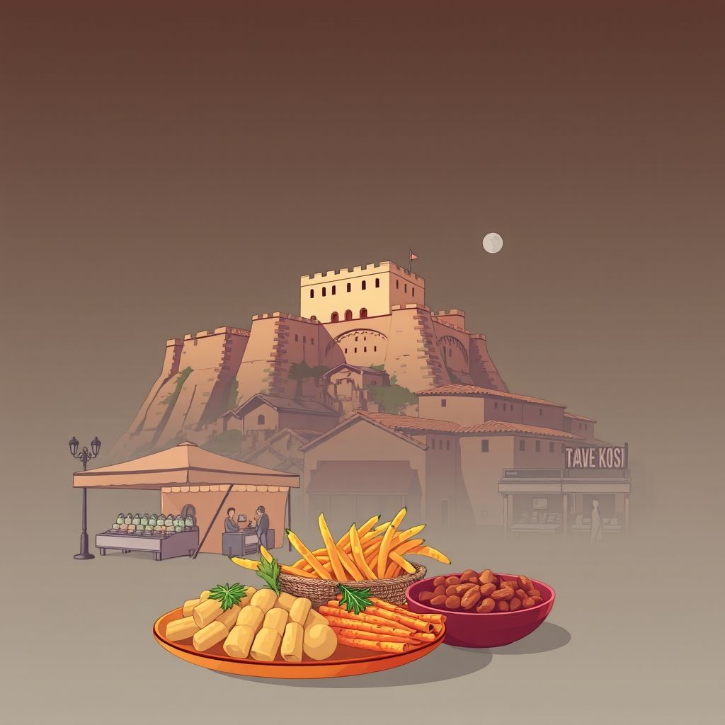 Gradient illustration of Komuna e Bubqit, Bashkia Kruje, Durres County, Albania, featuring Kruje Castle, Old Bazaar of Kruje, and traditional Albanian food tave kosi.