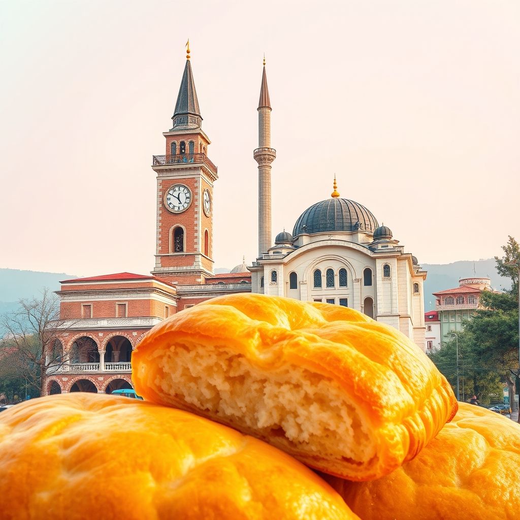 Ultra-high-definition gradient illustration of Komuna e Bërzhitës, featuring the Clock Tower of Tirana, Et'hem Bey Mosque, and Burek, showcasing Albanian culture.