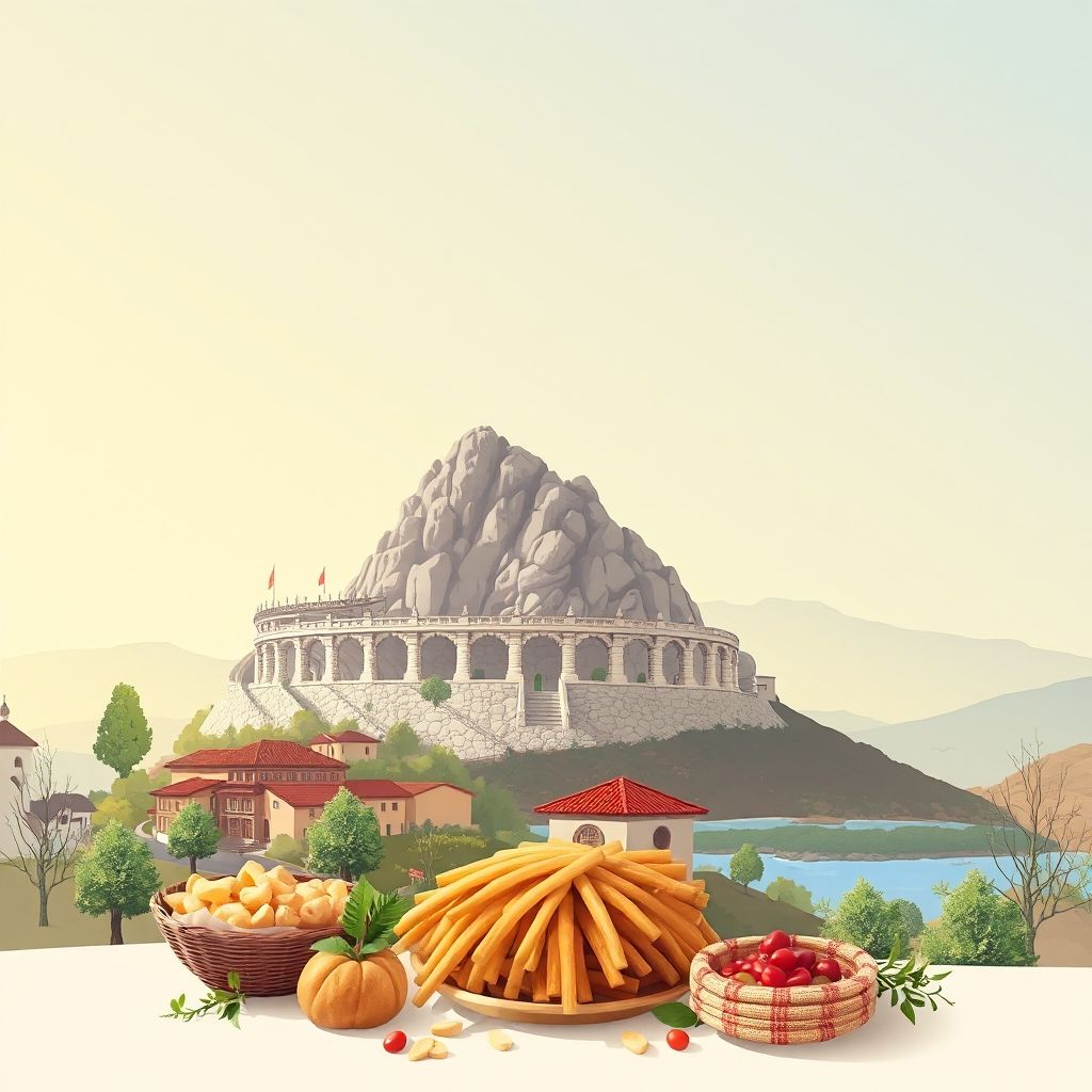 Ultra-high-definition gradient illustration of Bashkia e Belshit, featuring the Belsh Amphitheatre, Lake Belsh, traditional architecture, and tavë kosi.