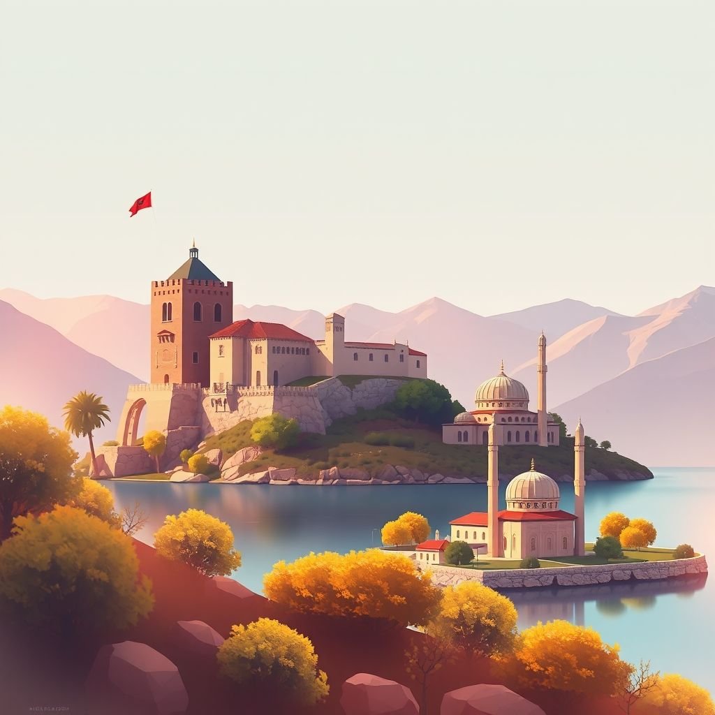 Ultra-high-definition gradient illustration of Komuna e Barbullushit, featuring Rozafa Castle, Shkoder Lake, the Lead Mosque, and traditional Albanian cuisine like tavë kosi.