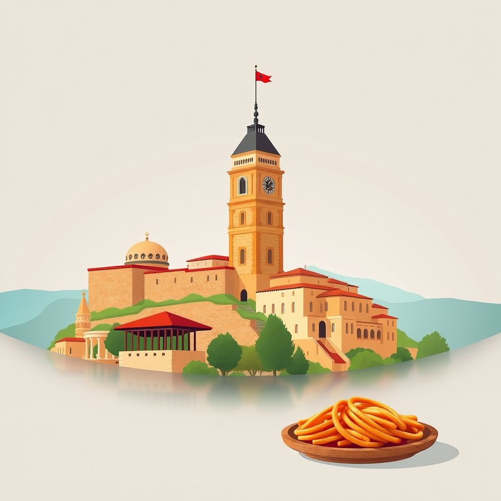 Ultra-high-definition gradient illustration of Ballagat, Lushnje, featuring the Lushnje Clock Tower, Byzantine-era sites, and traditional Albanian cuisine like Tavë Kosi.