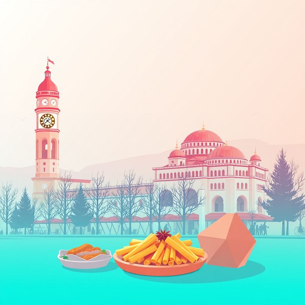 Ultra-high-definition gradient illustration of Komuna e Balldushkut, Bashkia Tirane, Tirana, Albania, featuring the Clock Tower of Tirana, Et'hem Bey Mosque, and Tavë Kosi.
