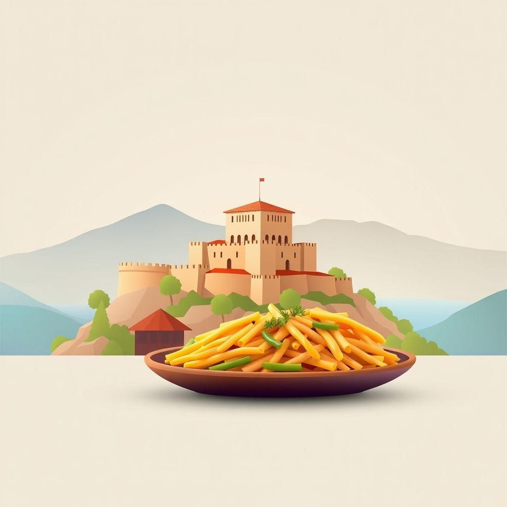 Ultra-high-definition gradient illustration of Komuna e Kastratit, Albania, featuring Rozafa Castle, Shkodra Lake, and Tavë Kosi.