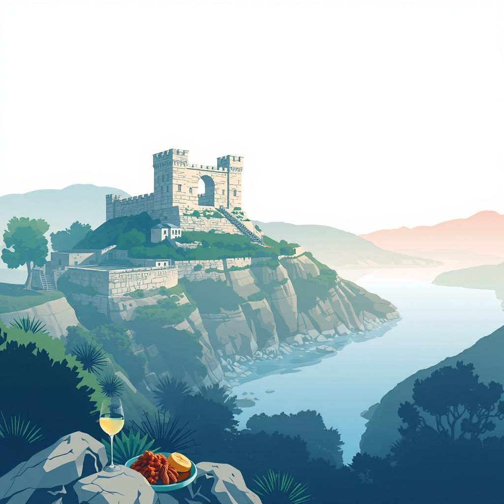 Ultra-high-definition gradient illustration of Armen, Bashkia Selenice, Vlore County, Albania, featuring Armen Castle ruins, Shushicë River, and tavë kosi.