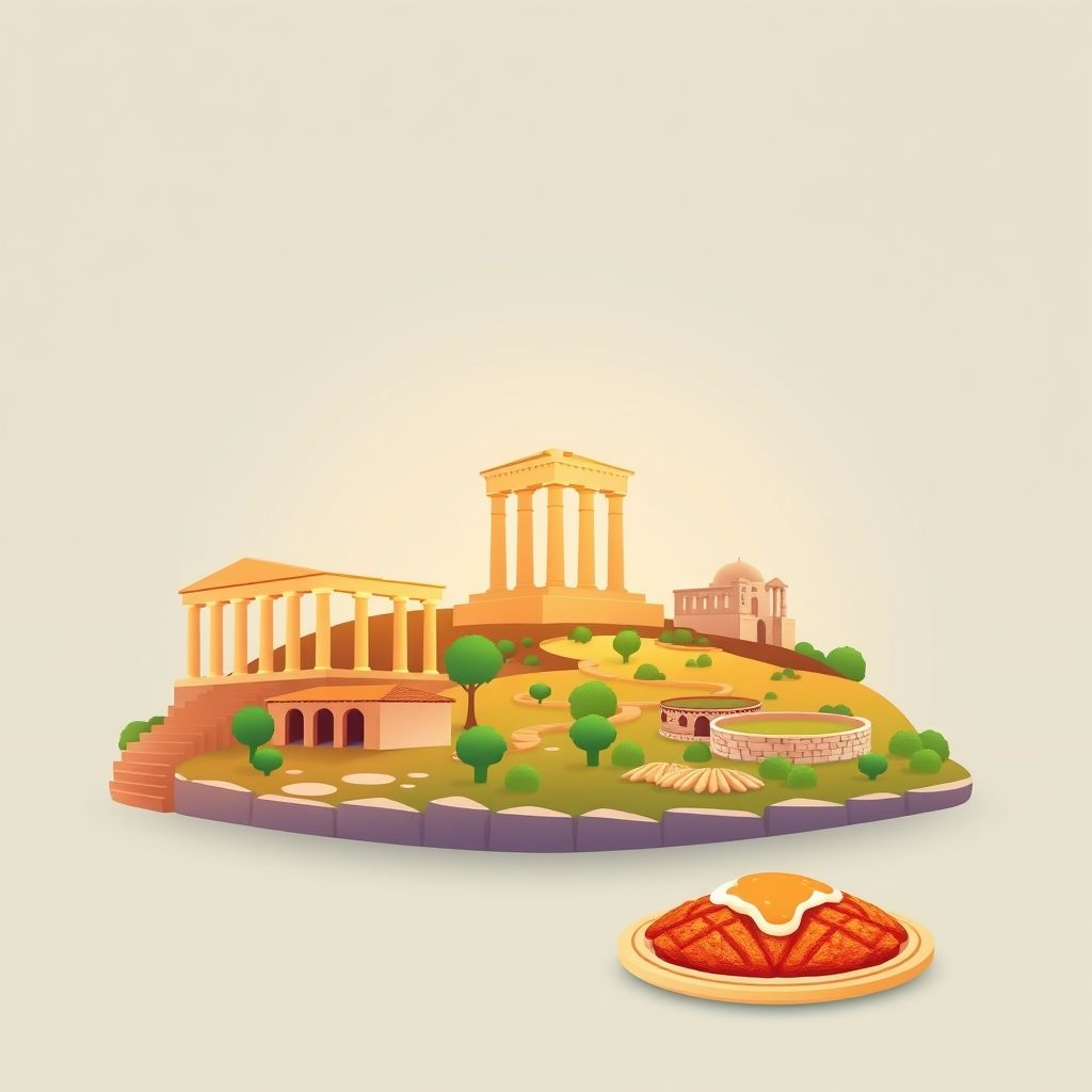Ultra-high-definition gradient illustration of Aranitas, Albania, featuring the ancient ruins of Apollonia, Byllis archaeological site, and tavë kosi.