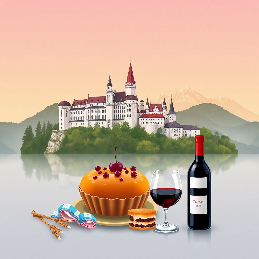 Ultra-high-definition gradient illustration style Slovenian illustration, featuring Ljubljana Castle and Lake Bled
