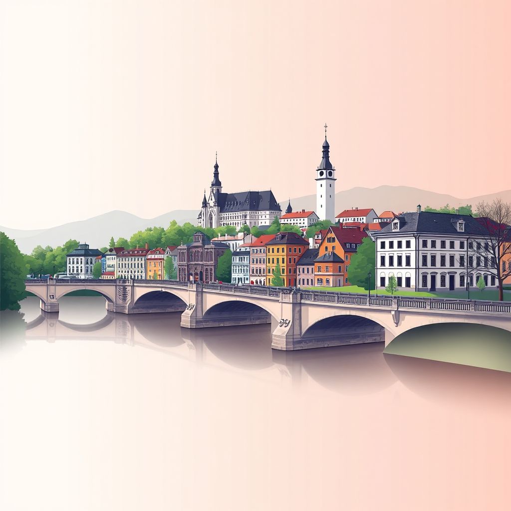 Ultra-high-definition gradient illustration style Ljubljana illustration, showing the unique charm of Ljubljana Castle, Tivoli City Park, and the Triple Bridge.
