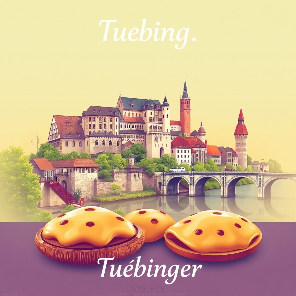 Ultra-high-definition gradient illustration of Tuebingen featuring Hohentuebingen Castle, the Neckar River, and Maultaschen.