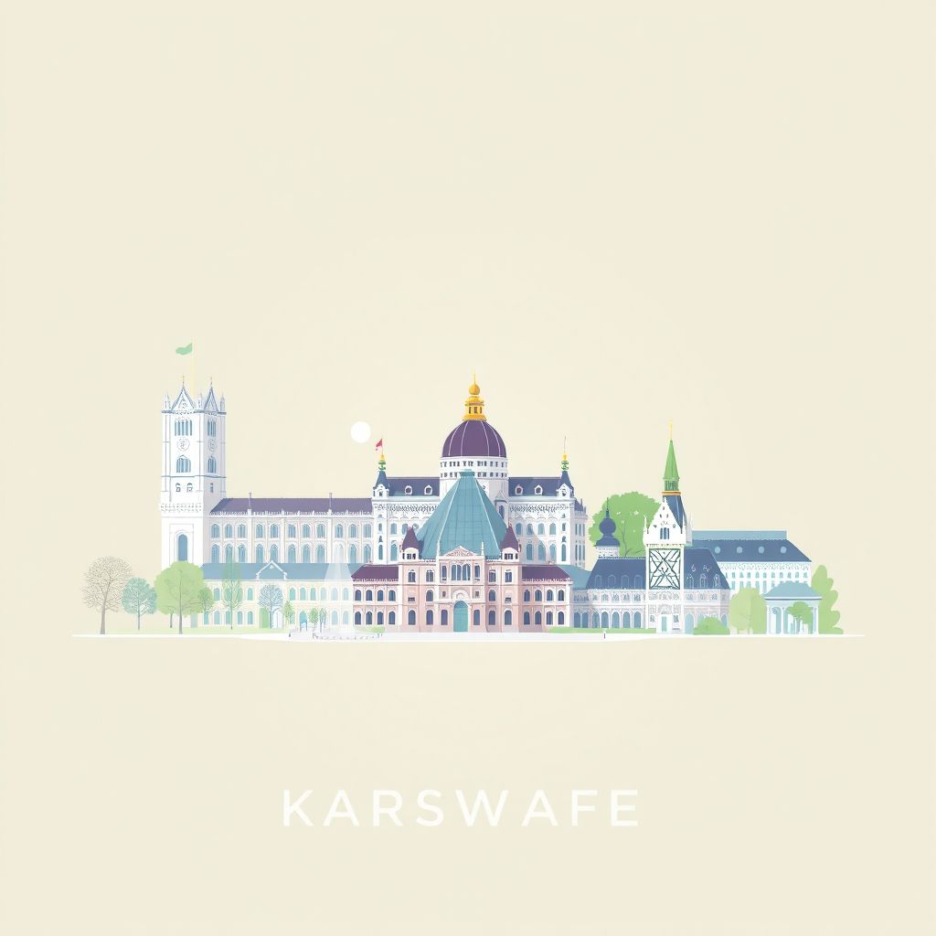 Ultra-high-definition gradient illustration style Karlsruhe Region illustration, showing the unique charm of the Karlsruhe Palace, the Pyramid, and the Karlsruhe Zoo.