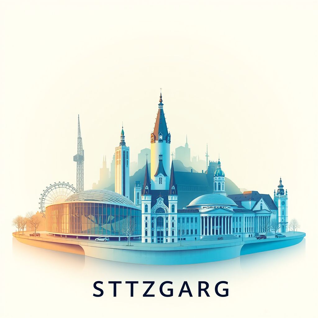 Ultra-high-definition gradient illustration style depicting Regierungsbezirk Stuttgart, showing the Mercedes-Benz Museum and Porsche Museum.