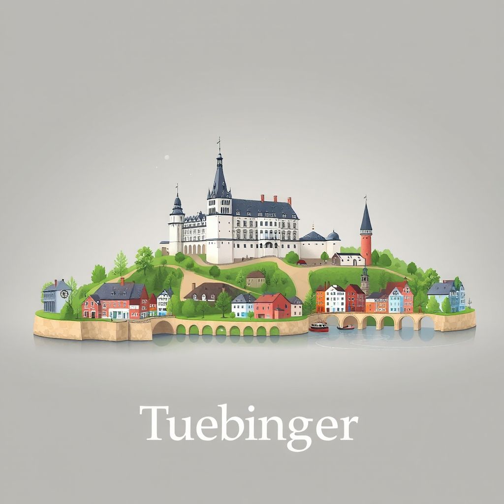 Ultra-high-definition gradient illustration style Tuebingen Region illustration, showing the unique charm of the Hohentuebingen Castle, the Neckar River, and the historic old town.