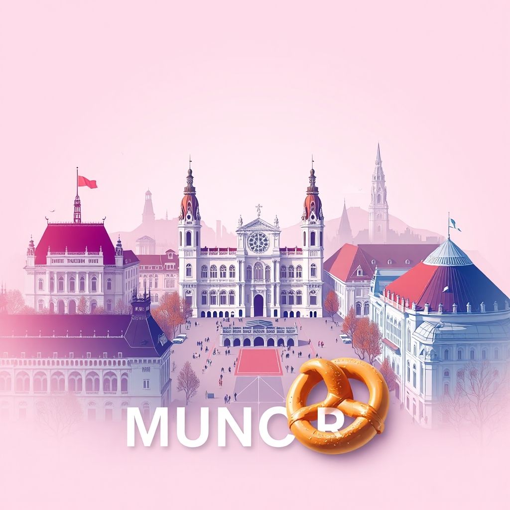 Ultra-high-definition gradient illustration of Munich featuring Marienplatz, Nymphenburg Palace, the Allianz Arena, and traditional foods like pretzels and Weisswurst.