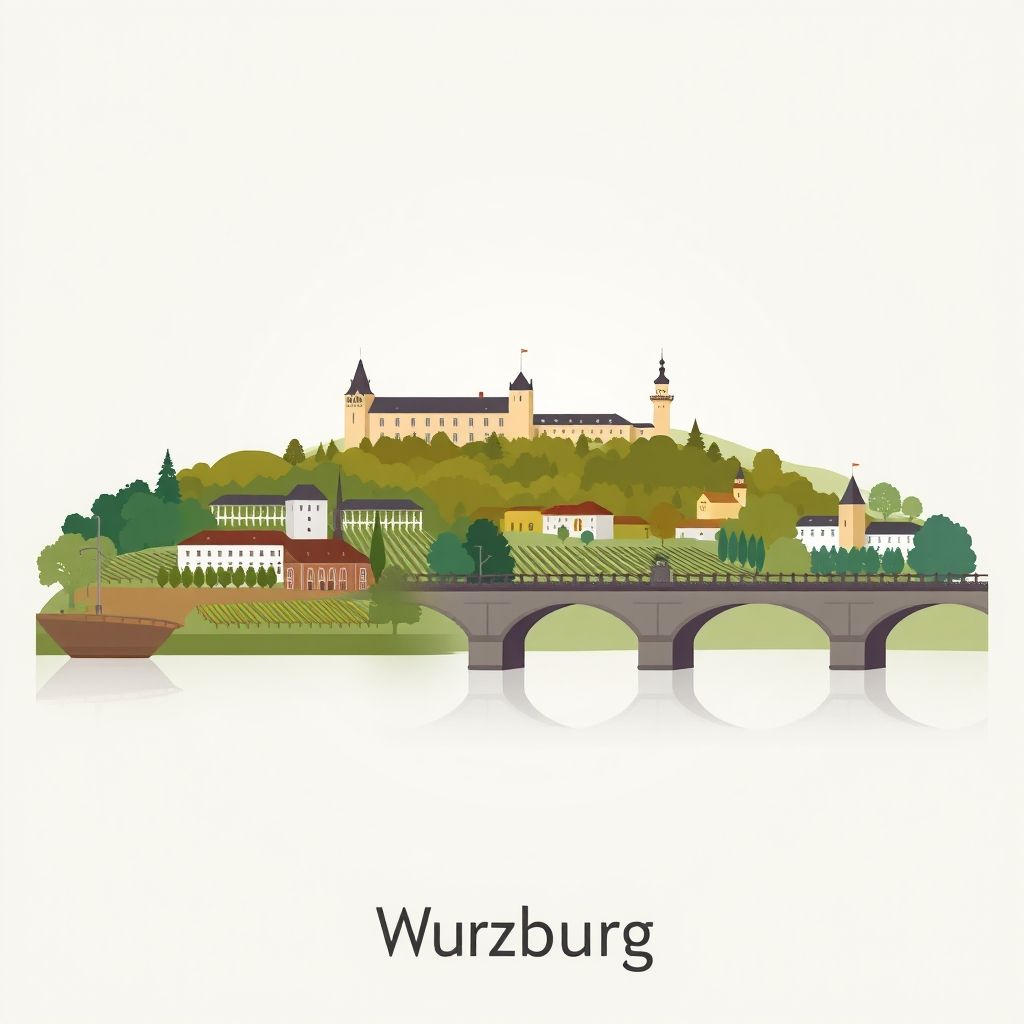 Gradient illustration of Landkreis Würzburg featuring the Würzburg Residence, Fortress Marienberg, vineyards, the Old Main Bridge, Franconian wine, and Bratwurst.