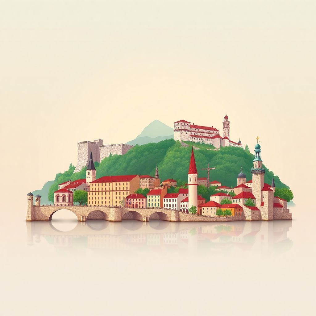 Ultra-high-definition gradient illustration of Bosnia and Herzegovina featuring Stari Most bridge, Počitelj, Bosnian coffee, and Ćevapi.