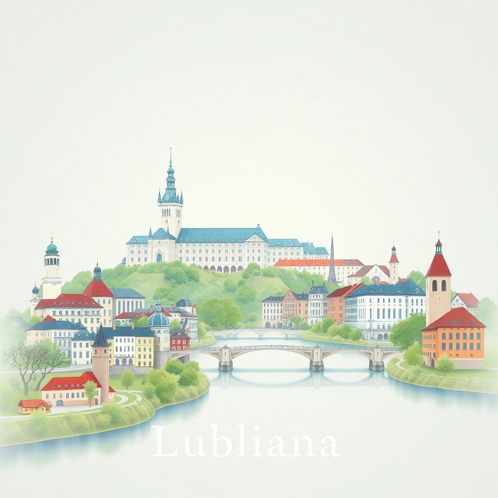 Ultra-high-definition gradient illustration style Ljubljana drawing, featuring Ljubljana Castle, the Triple Bridge, and the Ljubljanica River.