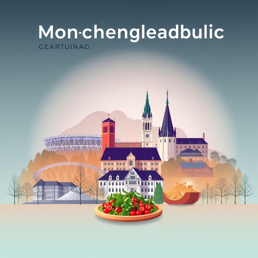 Ultra-high-definition gradient illustration of Mönchengladbach, featuring the Borussia-Park stadium, the Abteiberg Museum, and rheinischer Sauerbraten.
