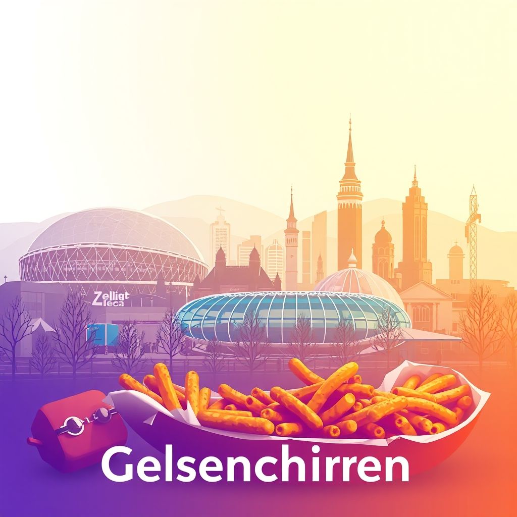 Ultra-high-definition gradient illustration of Gelsenkirchen featuring the Veltins-Arena, ZOOM Erlebniswelt zoo, and Currywurst, highlighting the city's unique charm.