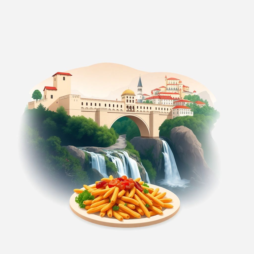 Ultra-high-definition gradient illustrations in Bosnian style, showing the unique charm of the Old Bridge of Mostar and the historic city of Sarajevo