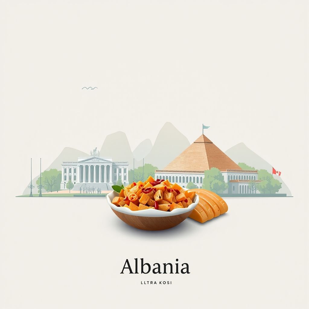 Ultra-high-definition gradient illustration of Komuna e Kërrabës, Bashkia Tirane, Tirana, Albania, featuring Skanderbeg Square, the Pyramid of Tirana, and tavë kosi.