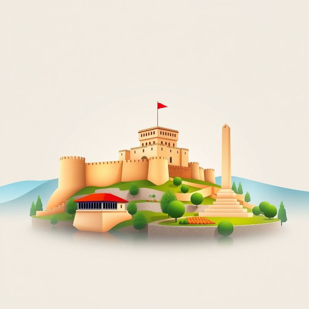 Ultra-high-definition gradient illustration of Balldren i Ri, Albania, featuring Lezha Castle, the Memorial Monument of Skanderbeg, and traditional Albanian cuisine like Tavë Kosi.