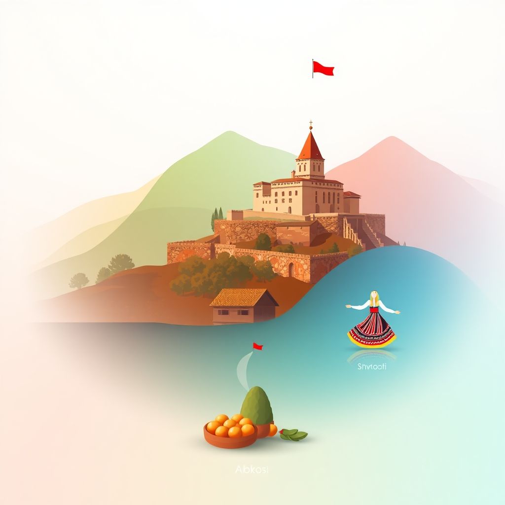 Ultra-high-definition gradient illustration of Komuna e Gruemirës, Albania, featuring Rozafa Castle, Shkodër Lake, traditional folk dance, Albanian costume, and Tavë Kosi.