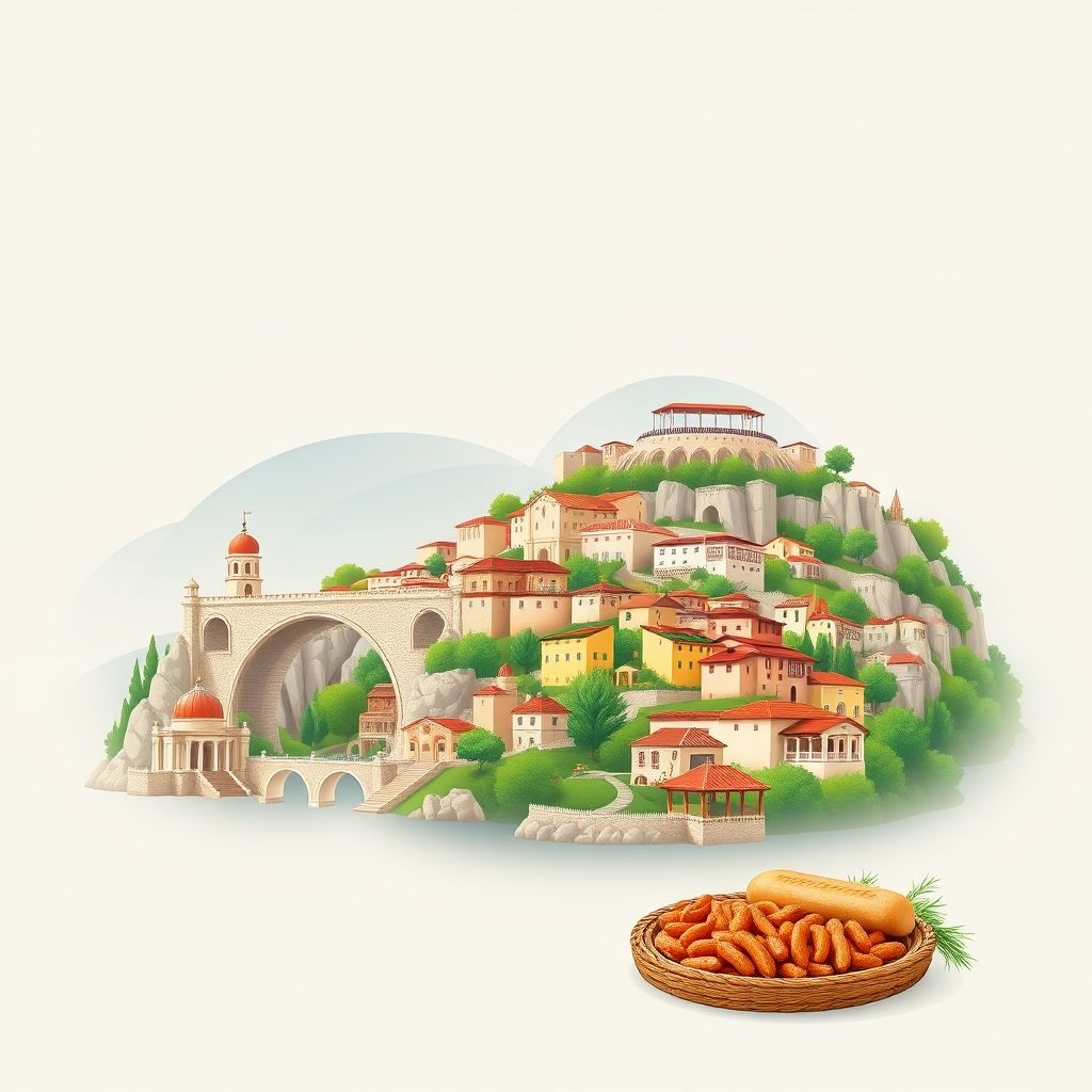 Ultra-high-definition gradient illustration of Komuna e Shkrelit, featuring Mesi Bridge, Shkrel village, and Tavë Kosi, highlighting Albanian culture and landscape.