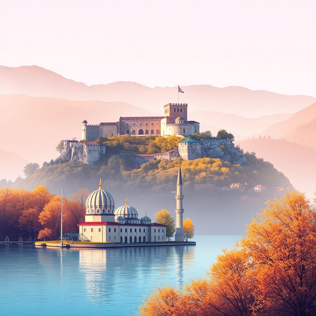 Ultra-high-definition gradient illustration of Komuna e Pultit showing Rozafa Castle, Lake Shkodra, the Lead Mosque, and tavë kosi.
