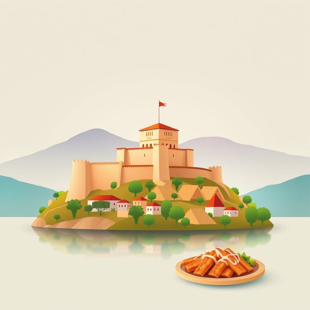 Ultra-high-definition gradient illustration of Komuna e Bërdicës, featuring Rozafa Castle, Shkodër Lake, and local specialty Tavë Kosi.