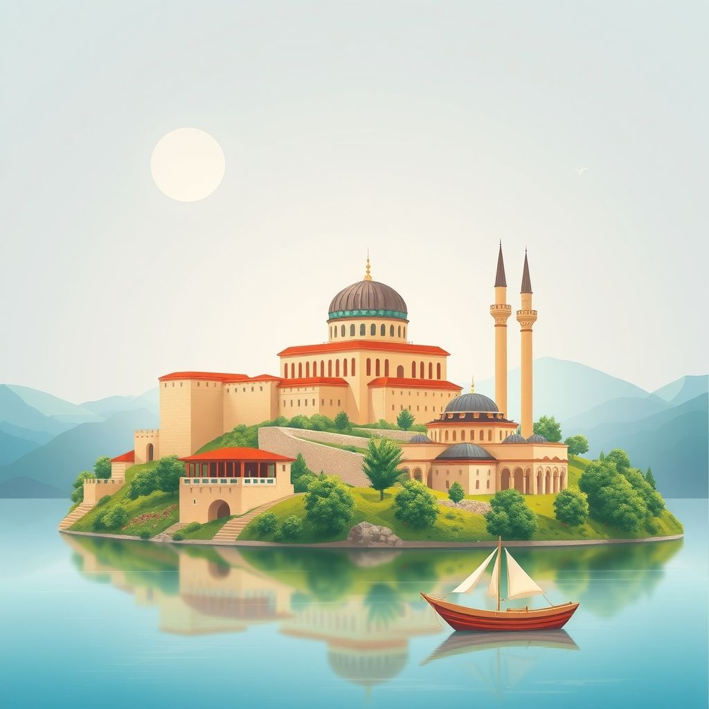 Ultra-high-definition gradient illustration of Bashkia e Vau i Dejës, Albania, featuring Rozafa Castle, the Lead Mosque, Shkodër Lake, and Tavë Kosi.