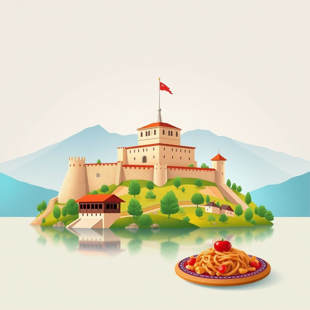 Ultra-high-definition gradient illustration of Komuna e Vig-Mnelës, Albania, featuring Rozafa Castle, Shkoder Lake, traditional folk dances, and Tavë Kosi.