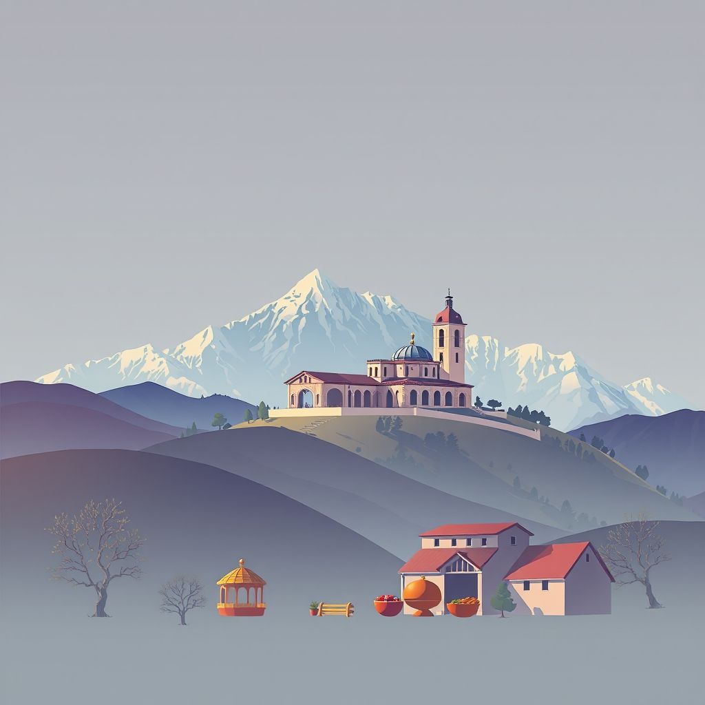 Ultra-high-definition gradient illustration of Komuna e Kthellës, Bashkia Mirdite, Lezhe County, Albania, featuring Mirdita Cathedral, mountains, and Tavë Kosi.