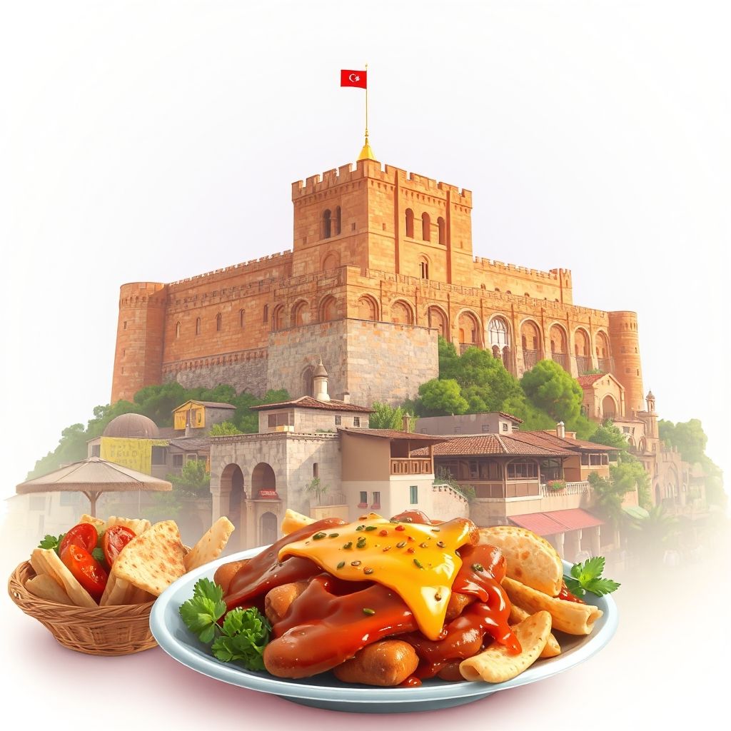 Ultra-high-definition gradient illustration of Kruje, Durres County, Albania, featuring Kruje Castle, the Old Bazaar of Kruje, and traditional Albanian cuisine like Tave Kosi.