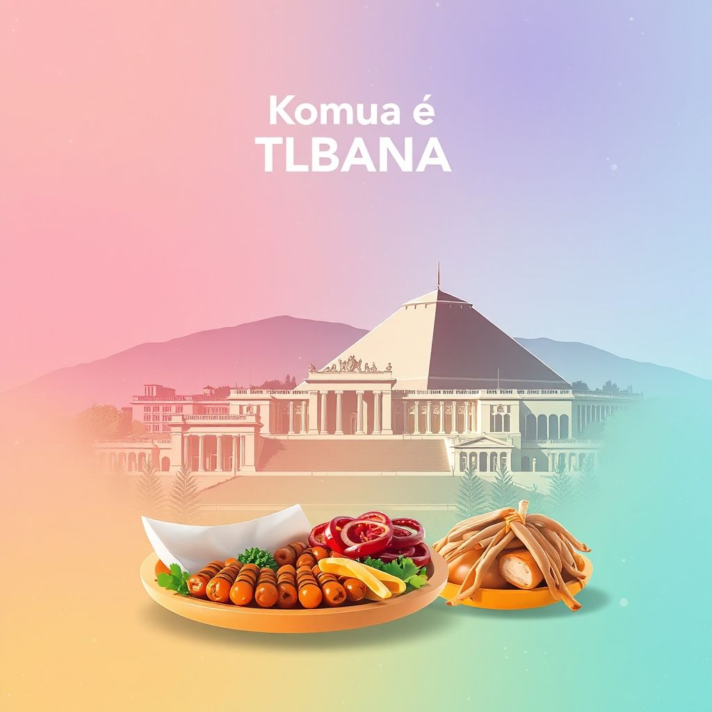 Ultra-high-definition gradient illustration of Komuna e Bërxullit, Bashkia Vore, Tirana, Albania, featuring Skanderbeg Square, the Pyramid of Tirana, and Tavë Kosi.