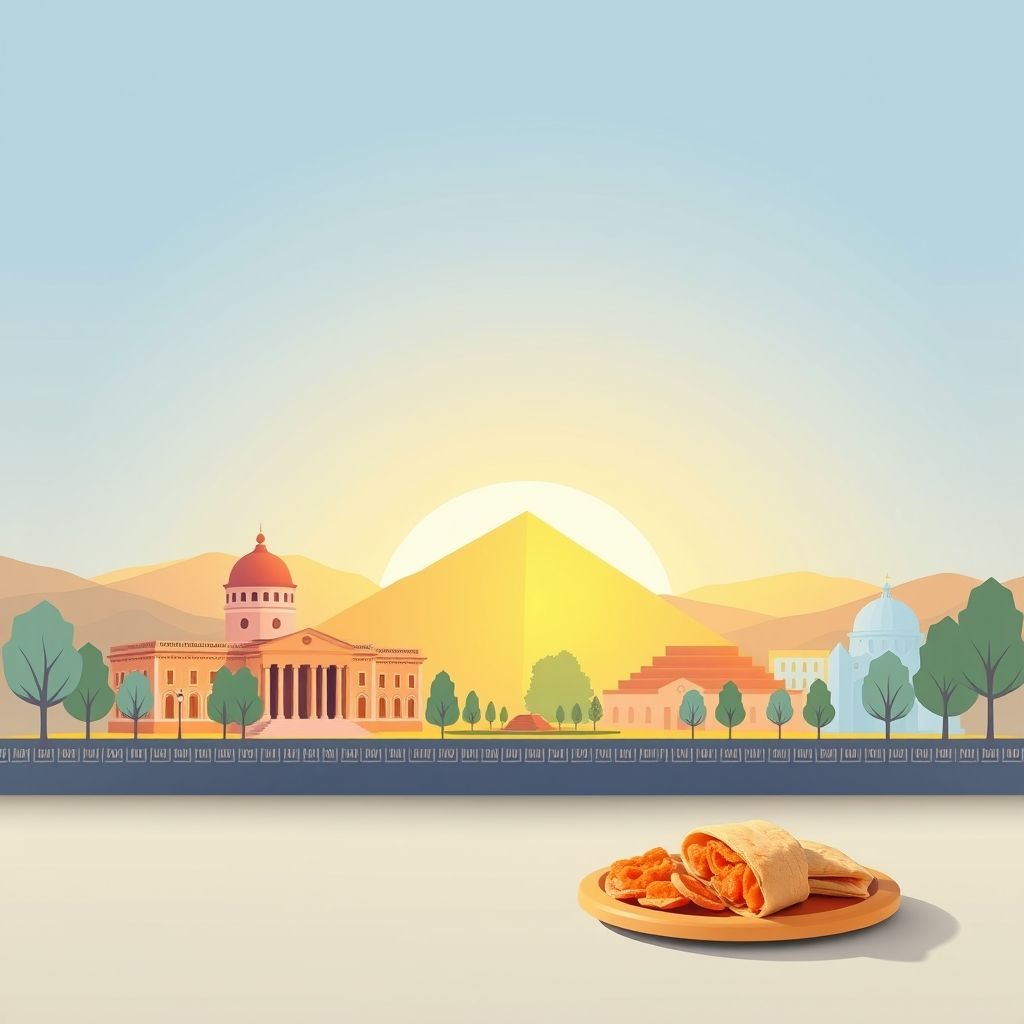 Ultra-high-definition gradient illustration of Komuna e Paskuqanit, Bashkia Kamez, Tirana, Albania, featuring Skanderbeg Square, the Pyramid of Tirana, and tavë kosi.