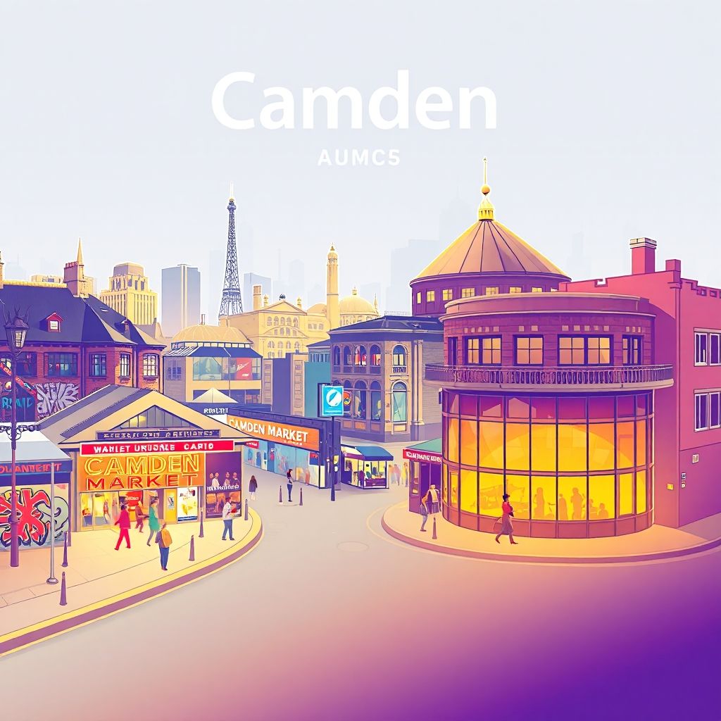 Ultra-high-definition gradient illustration of Camden, featuring Camden Market, the Roundhouse, street art, and the music scene.