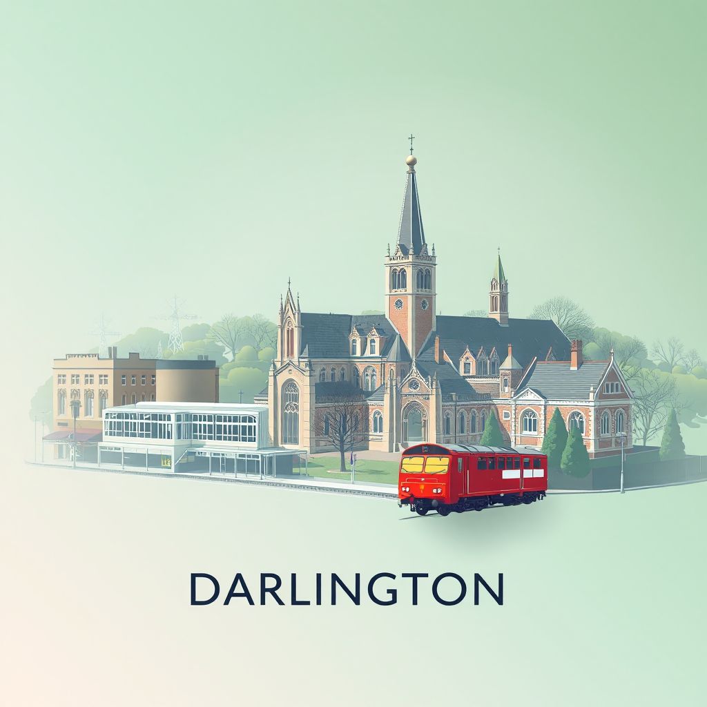 Ultra-high-definition gradient illustration of Darlington, featuring the Darlington Railway Centre and Museum, St. Cuthbert's Church, and South Park.