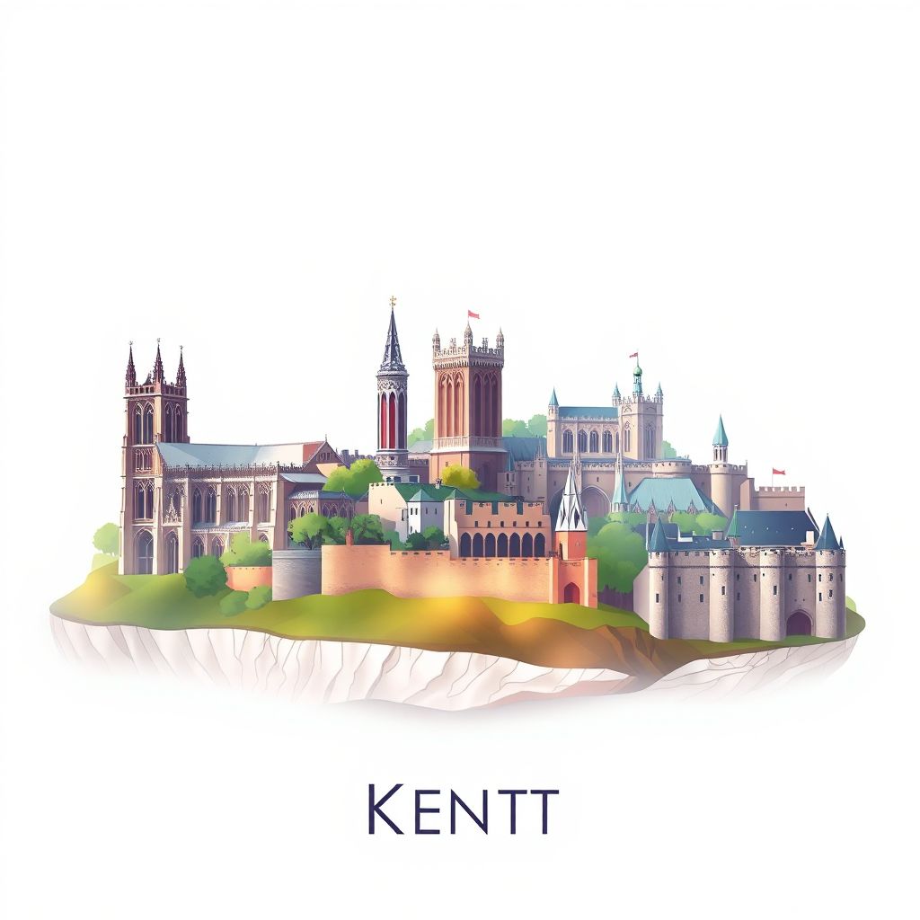 Ultra-high-definition gradient illustration style Kent illustration, showing the unique charm of the Canterbury Cathedral, the White Cliffs of Dover, and the Leeds Castle.