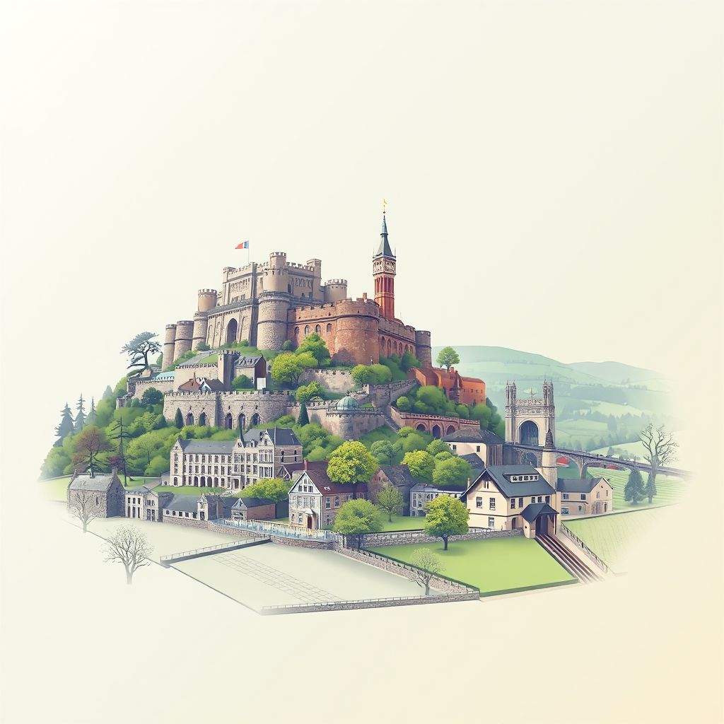 Ultra-high-definition gradient illustration style Kirklees illustration, showing the unique charm of Castle Hill, the Victoria Tower, and rural landscapes.