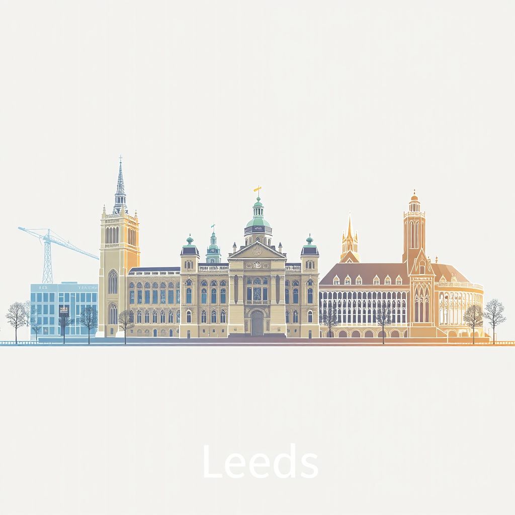 Ultra-high-definition gradient illustration style Leeds artwork, featuring the Leeds Town Hall and the Royal Armouries Museum.