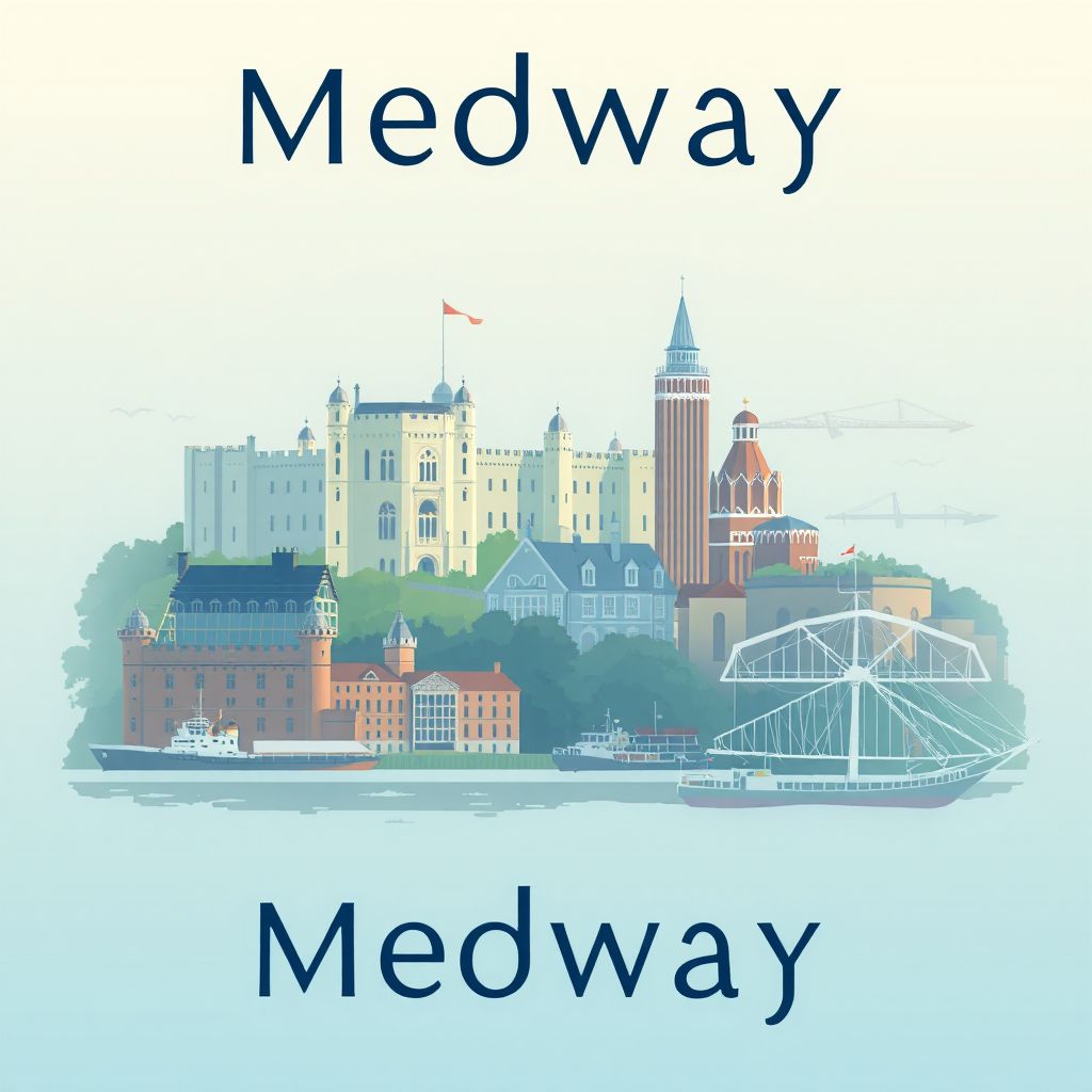 Ultra-high-definition gradient illustration style Medway illustration, showing the unique charm of Rochester Castle, the Royal Dockyard, and the Historic Dockyard Chatham.