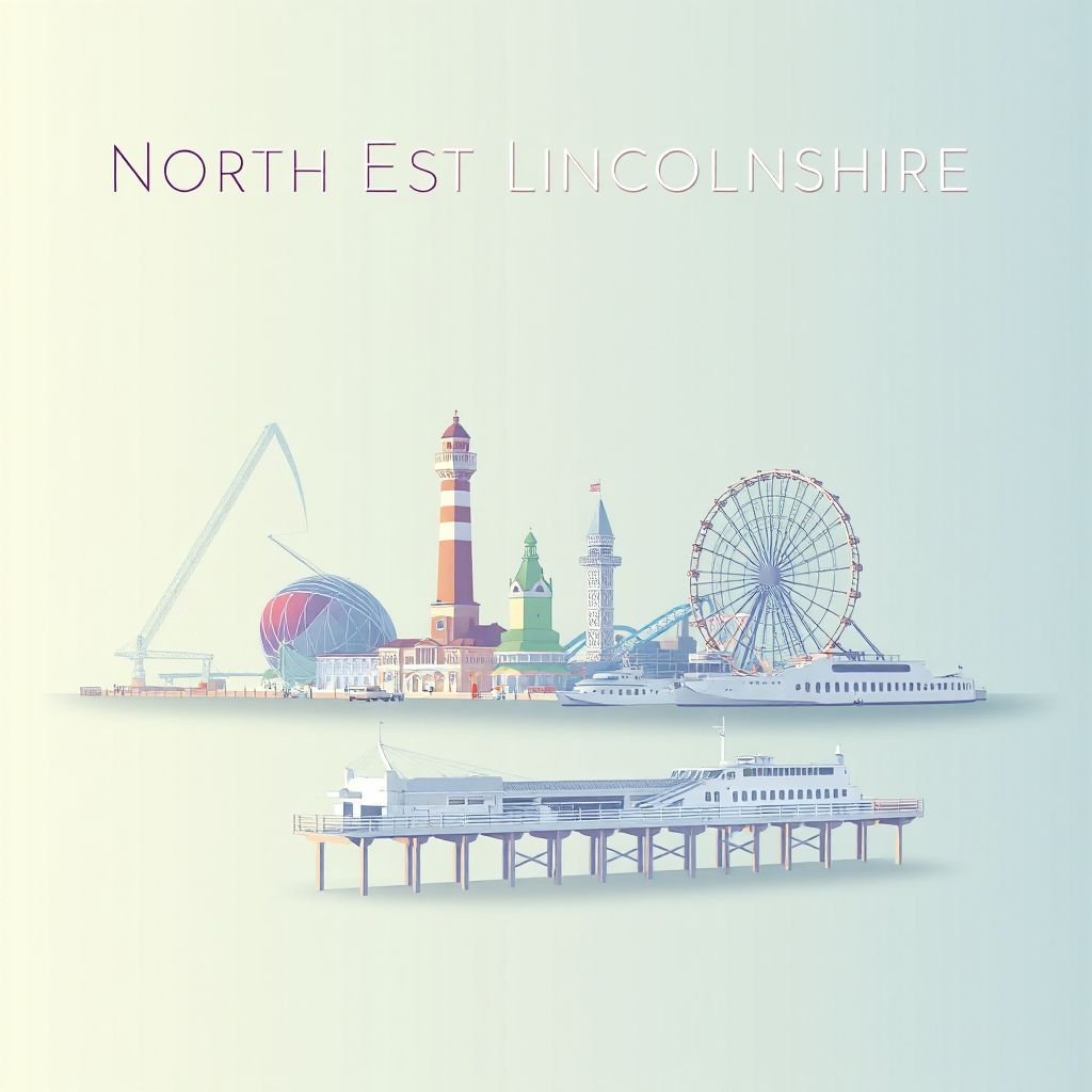 Ultra-high-definition gradient illustration style North East Lincolnshire illustration, featuring the Grimsby Dock Tower and the Cleethorpes Pier.