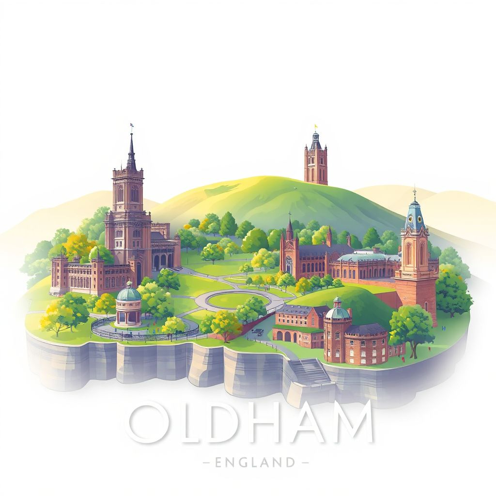 Ultra-high-definition gradient illustration style Oldham illustration, showcasing Alexandra Park and Saddleworth Moor.
