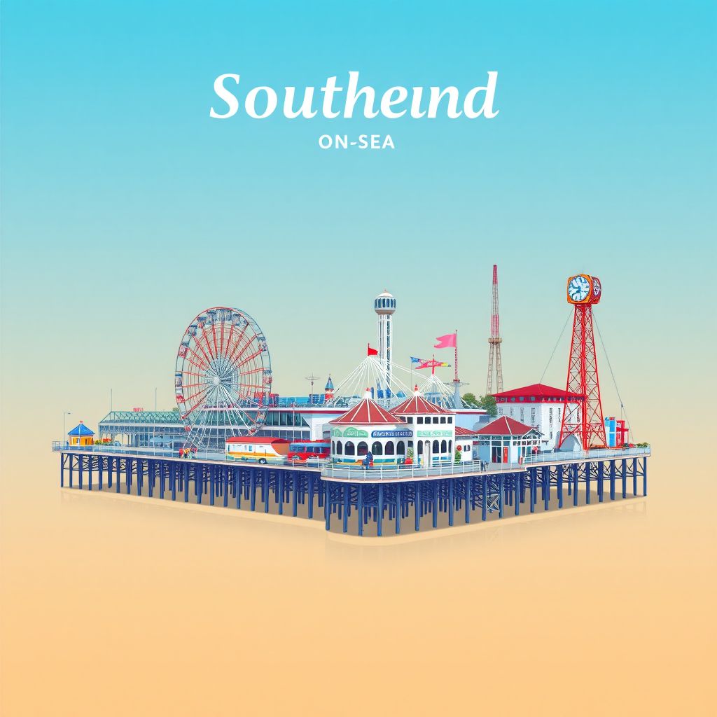 Ultra-high-definition gradient illustration style Southend-on-Sea illustration, featuring the Southend Pier, Adventure Island amusement park, and Cliff Lift.