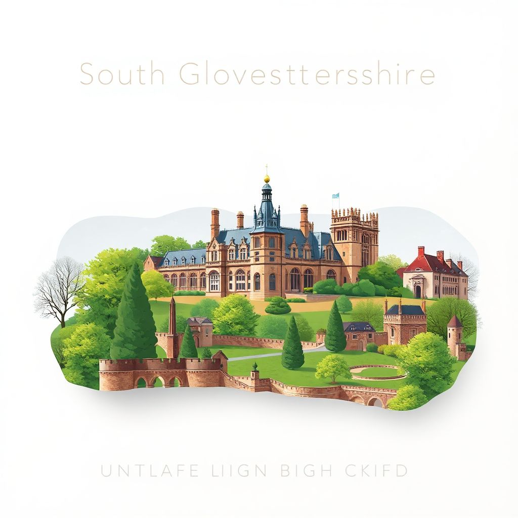 Ultra-high-definition gradient illustration style South Gloucestershire illustration, showing the unique charm of Dyrham Park, Tyntesfield House, and Thornbury.