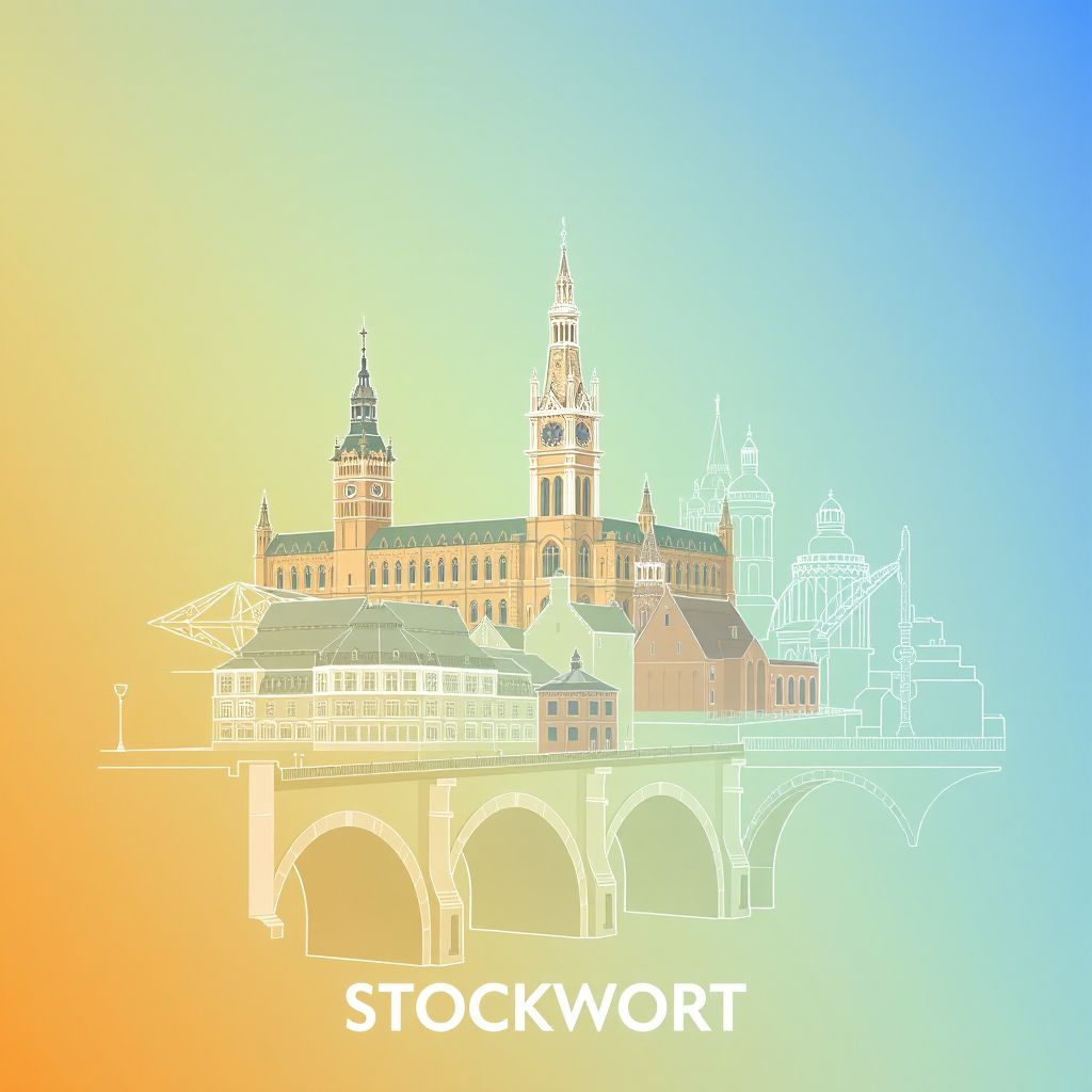Ultra-high-definition gradient illustration of Borough of Stockport, featuring Stockport Town Hall, Hat Works Museum, and the historic Stockport Viaduct.