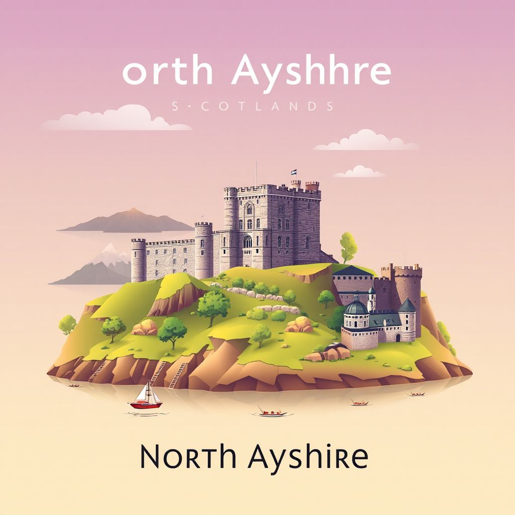 Ultra-high-definition gradient illustration style North Ayrshire artwork, featuring Culzean Castle, the Isle of Arran, and Brodick Castle.