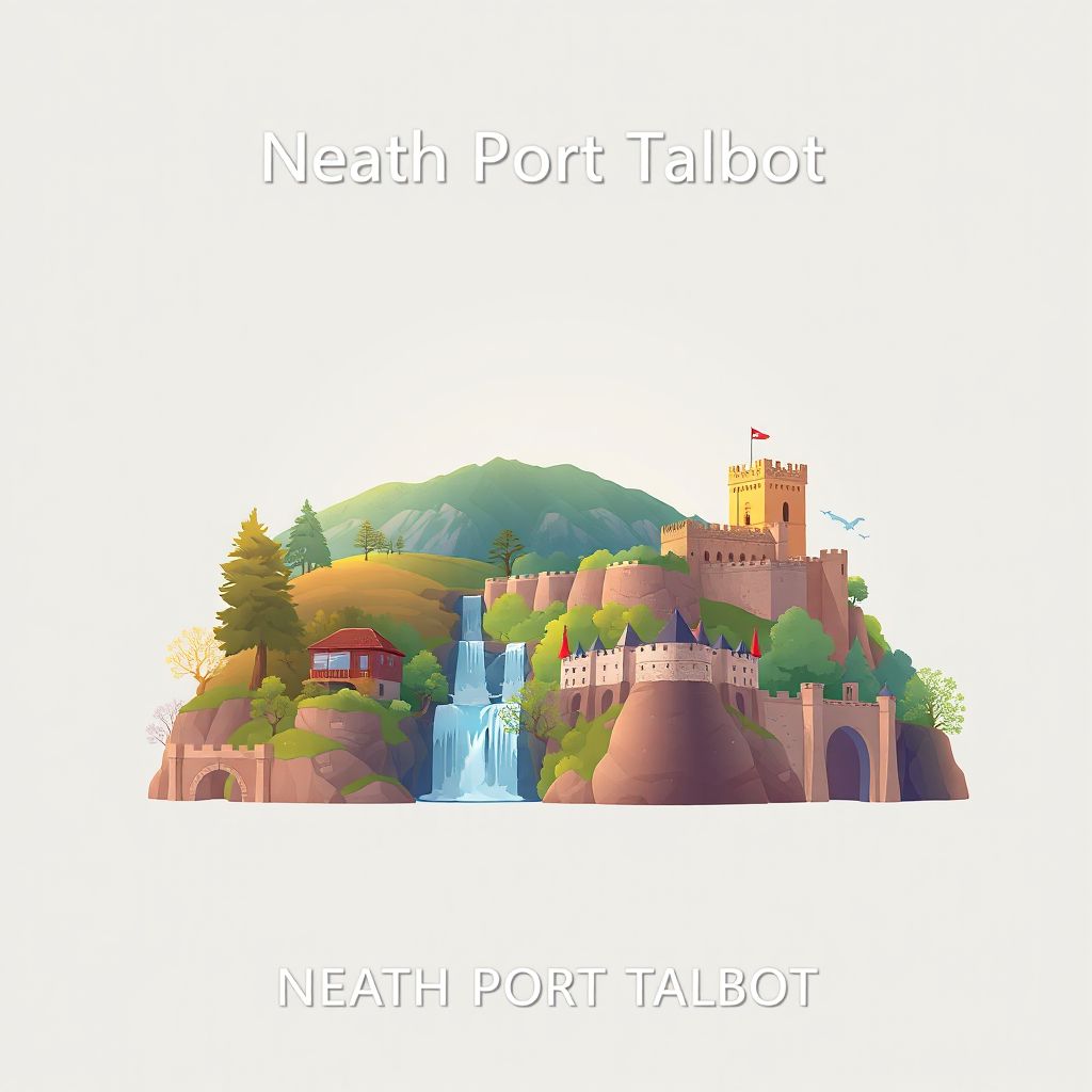 Ultra-high-definition gradient illustration style Neath Port Talbot illustration, showing the unique charm of the Afan Forest Park, the Aberdulais Falls, and the Margam Castle.